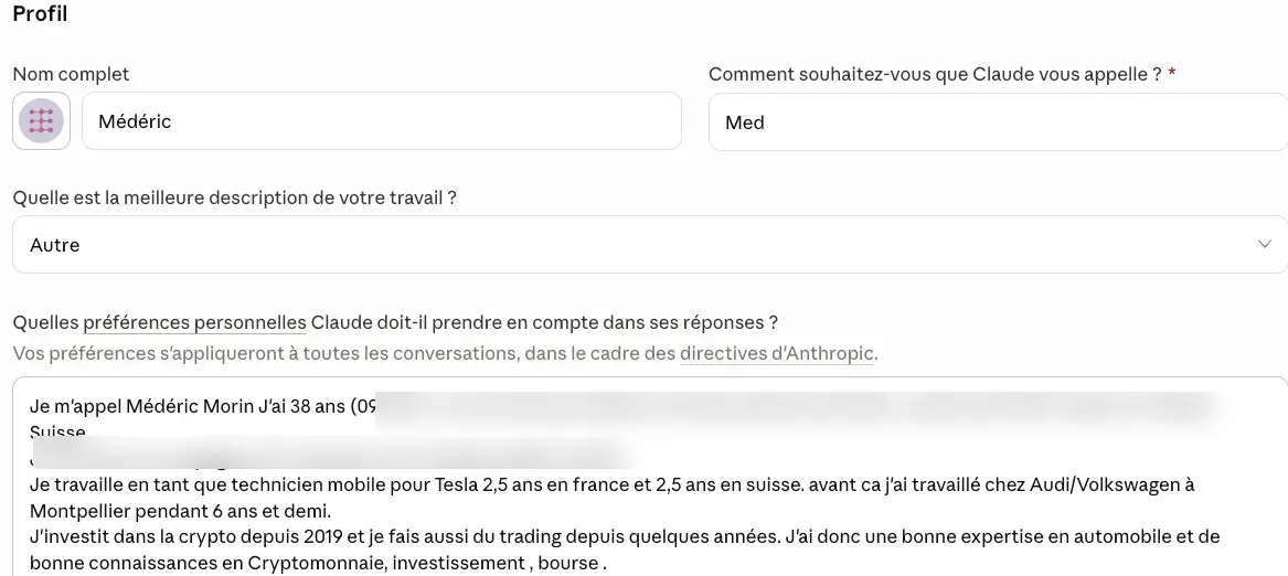 Écran de configuration des instructions globales dans Claude Desktop avec préférences personnelles et profil utilisateur