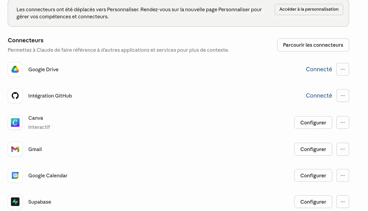 Page des connecteurs Claude Cowork avec Google Drive et GitHub connectés, Canva, Gmail, Google Calendar et Supabase disponibles