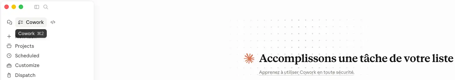 Interface Claude Cowork sur Mac avec onglet Cowork actif, menu latéral Projects, Scheduled et Customize visible