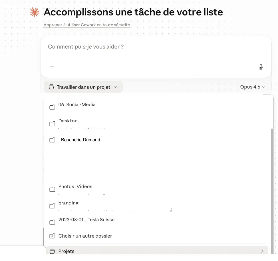 Fenêtre de sélection du dossier de travail dans Claude Cowork avec liste des dossiers disponibles sur l'ordinateur